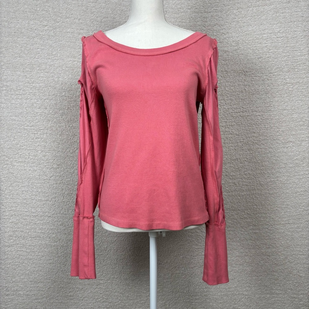 Free People Top Womens Lg Pink Daisy Chain Cuffed Long Sleeve Crew Neck Blouse